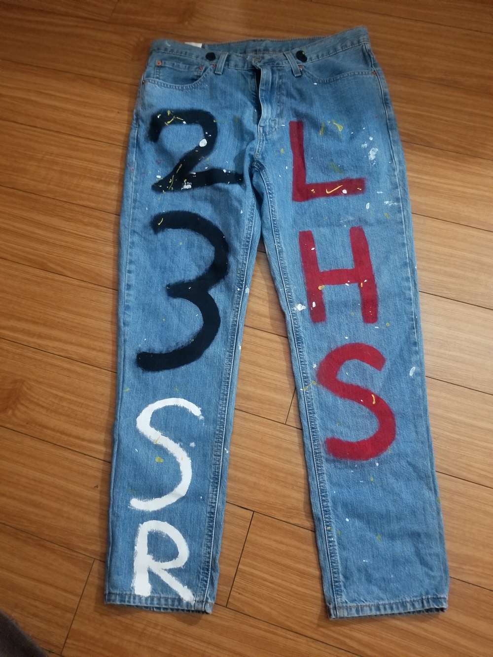 Straight Men's Painted Blue Jeans with Red & Black Lettering